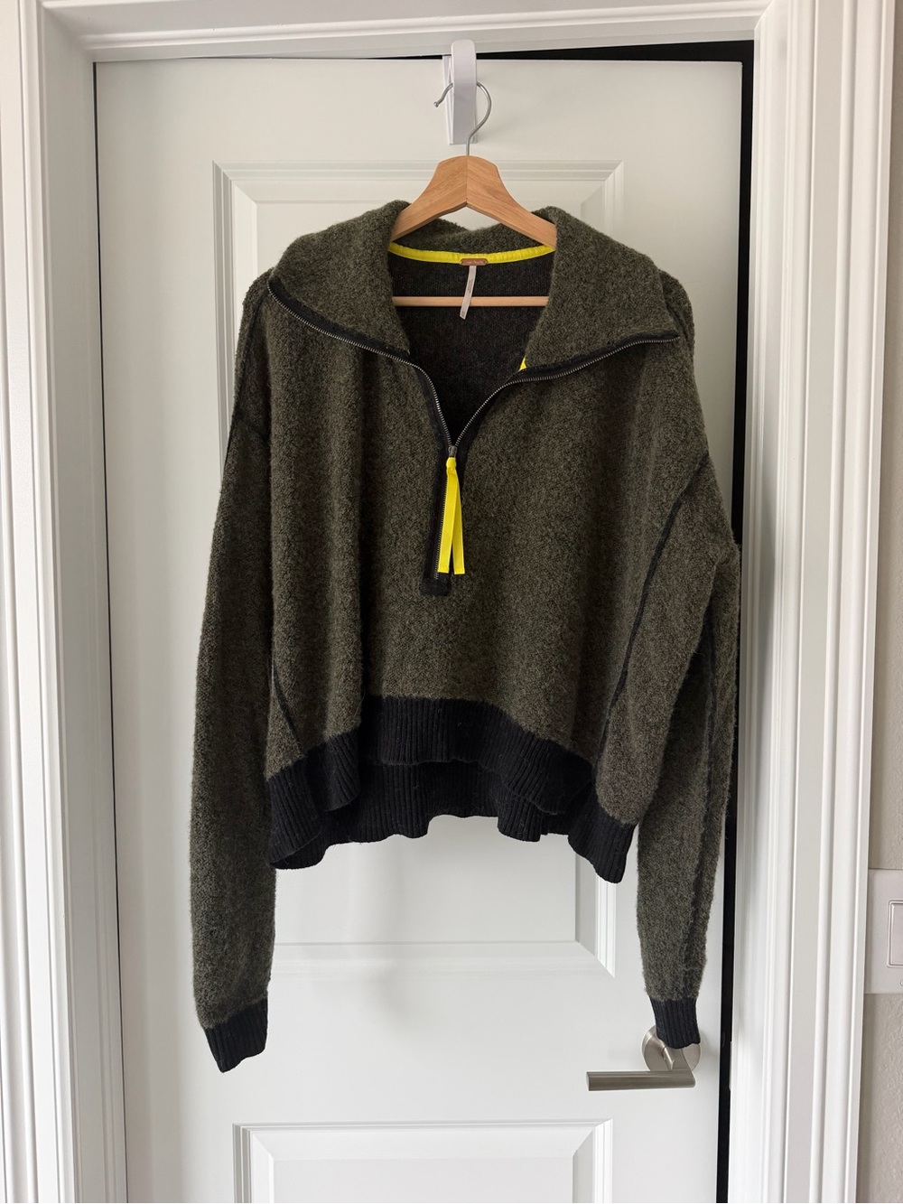 Free People Olive Green Cotton & Wool Sweater with Black Trim and Yellow Pull
